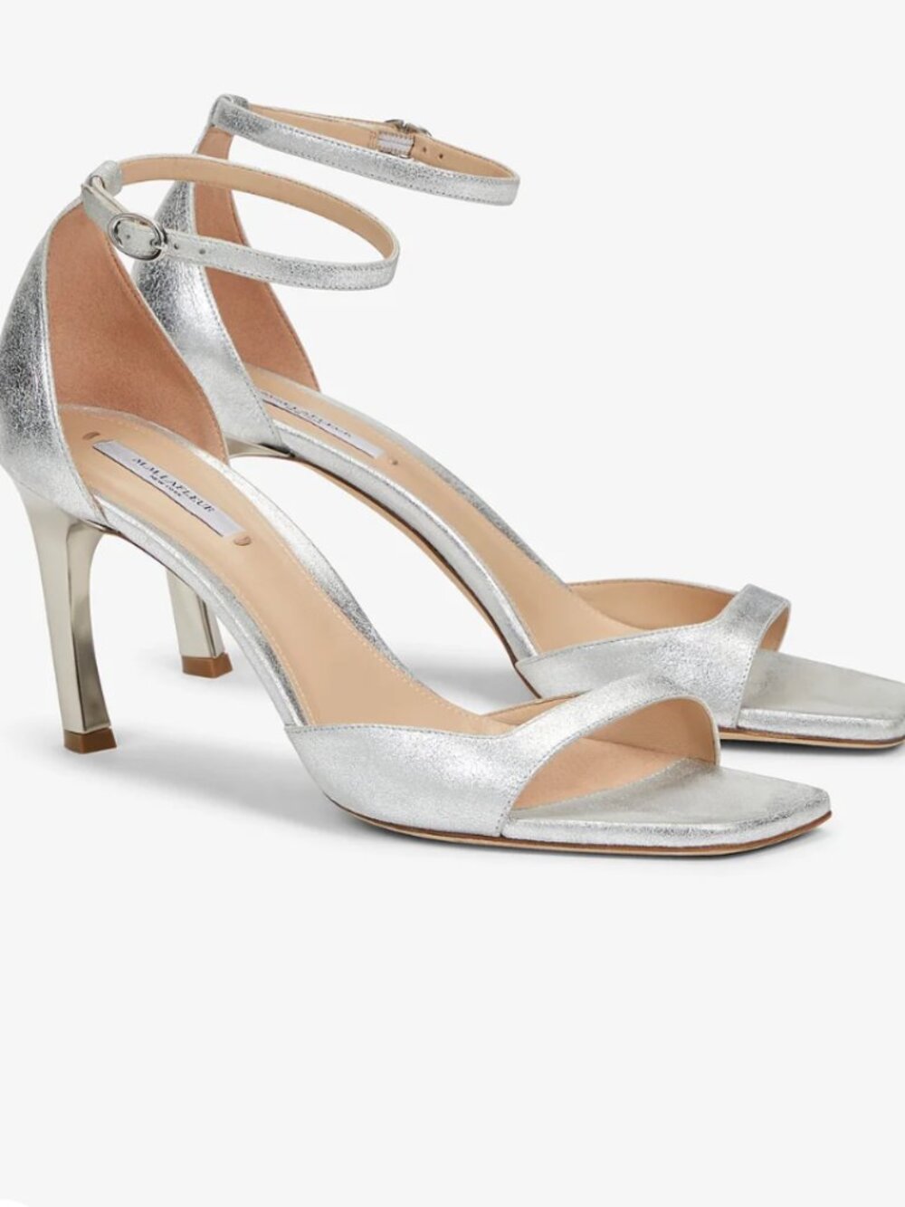 MM LaFleur Ella Sandal: Brushed Metallic Silver, 3-inch heel, size 11, size 42